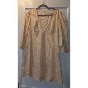 Böhme XL Yellow Floral A-Line Dress Scoop Neck Lace Trim Pleated Puff Sleeve